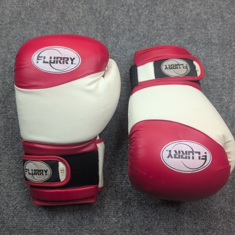 Flurry Boxing Gloves 14oz Red White Training Sparring Hook Loop Closure